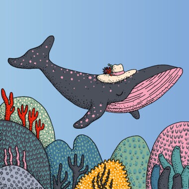 Illustrazione di una balena con cappello sopra fondali marini colorati